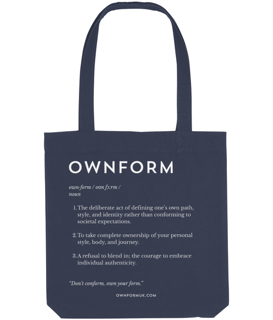 Navy tote bag showing the definition of the brand name "OWNFORM" with the website at the bottom, ownformuk.com